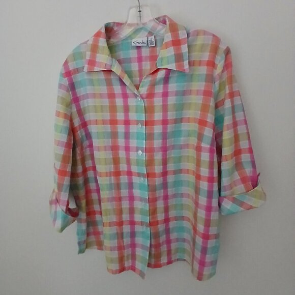 Pastels Mix Textured Plaid Cotton Blend Button Down 3/4 Sleeve Blouse Sz 14P - Picture 7 of 7